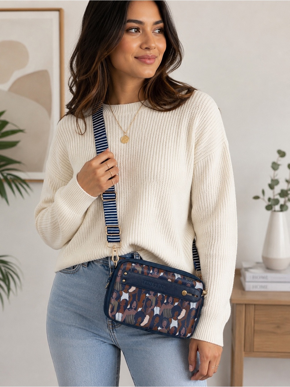 Izzy & Liv Crossbody Bag – Women Empowerment Print | Navy Blue | Gold Hardware